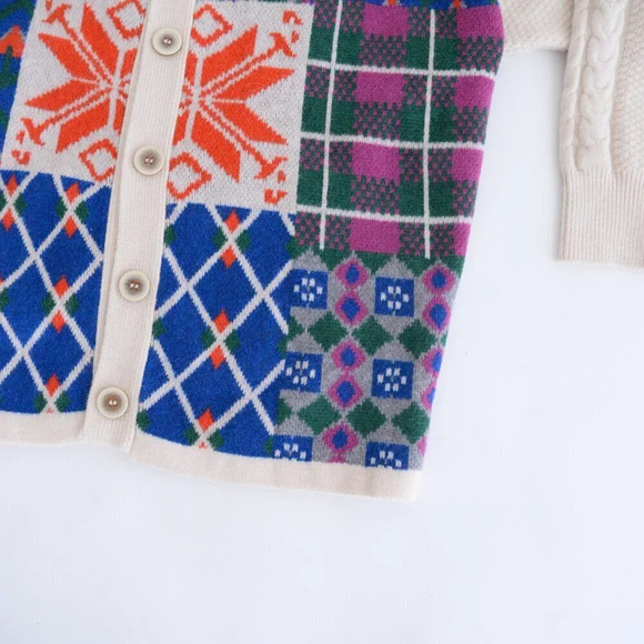 Cider Cream &  Blue Floral Argyle Knit Button Up Sweater L - Picture 5 of 12